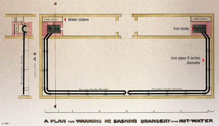 The English architect and artist T. W. Atkinson, who traveled across Siberia for seven years, made friends with the Basnins’ family. He designed a project of a heated hothouse for Vasily Nikolayevich: “A plan for warming Mr Basnin’s orangery with hot water.” No mention of putting this system of iron tubes and boiler ovens into practice has been found, however. RGADA (The Russian State Archive of Ancient Acts) The English architect and artist T. W. Atkinson, who traveled across Siberia for seven years, made friends with the Basnins’ family. He designed a project of a heated hothouse for Vasily Nikolayevich: “A plan for warming Mr Basnin’s orangery with hot water.” No mention of putting this system of iron tubes and boiler ovens into practice has been found, however. RGADA (The Russian State Archive of Ancient Acts)