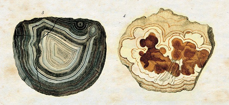 Рис. 3. Агат, употребляемый для ступок; отшлифован в поперечном разрезе. Рис. 4. Облачный агат из Саксонии Рис. 3. Агат, употребляемый для ступок; отшлифован в поперечном разрезе. Рис. 4. Облачный агат из Саксонии
