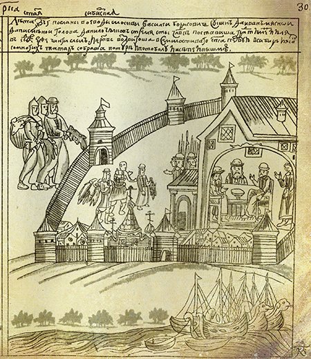Here is how the Kungur chronicler reports the foundation of Tyumen: «In the year 7093, voivodes (commanders of the army and town) were sent from Moscow, Vasliy Borisovich Sukin, Ivan Miasnoi and Danilo Chulkov with three hundred people to found the town of Tyumen (used to be called Chingui) on the 29th day in July, and erected the first Church of the Holy Savior in Siberia, and collected tribute from many Tatars living along the Tura, the Tobol, the Iset and the Pyshma. From: (Brief Siberian Chronicle (Kungur), 2003)