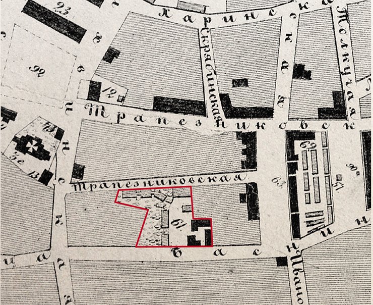 Basnins’ mansion is marked on the plan of province Irkutsk. The large structures, connected with passes, along the Malaya Trapeznikovskaya street are the hothouse complex. 1868. RGADA (The Russian State Archive of Ancient Acts)