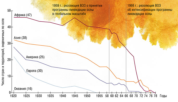 Эпидемиологическая ситуация по натуральной оспе в 1920–1978 гг. на разных континентах, где заболевание сохранялось в эндемичном состоянии. Цифры в скобках – число стран и территорий, вовлеченных в исследование. По: (Fenner et al., 1988)