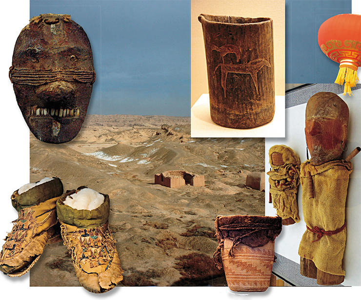 Vast, arid stretches of the Talkamakan desert in the middle of the Tarim depression have preserved an unprecedented richness of artefacts made of organic materials, dating back to the Bronze and early Iron Age. These include finest felts, which were used to create conical hats adorned with woolen cords and feathers; and covers for skillfully woven reed-vessels for food, with walls decorated with traditional ornaments; embroidered mocassins with soft soles; burial dolls of children and adults, dressed in garments made of woven fabrics, and sometimes felt hats. The faces of the sculptures are covered with red paint and wrapped in wool thread. Interestingly, their soles are rotated backwards, which points at their backward direction of movement. This element, along with the face paint, reflects ideas common in the traditional world views of the Ural-Altaic peoples. Threads crossing their faces with exaggerated noses remind of the lines crossing human representations of Northern Asia. Among finds dating back to the Scythian period, thin-walled wooden cups with carved animals’ figurines in the peculiar “sudden stop” pose, so common in South Siberian rock drawings and molded bronze dagger ornaments, are especially noteworthy Vast, arid stretches of the Talkamakan desert in the middle of the Tarim depression have preserved an unprecedented richness of artefacts made of organic materials, dating back to the Bronze and early Iron Age. These include finest felts, which were used to create conical hats adorned with woolen cords and feathers; and covers for skillfully woven reed-vessels for food, with walls decorated with traditional ornaments; embroidered mocassins with soft soles; burial dolls of children and adults, dressed in garments made of woven fabrics, and sometimes felt hats. The faces of the sculptures are covered with red paint and wrapped in wool thread. Interestingly, their soles are rotated backwards, which points at their backward direction of movement. This element, along with the face paint, reflects ideas common in the traditional world views of the Ural-Altaic peoples. Threads crossing their faces with exaggerated noses remind of the lines crossing human representations of Northern Asia. Among finds dating back to the Scythian period, thin-walled wooden cups with carved animals’ figurines in the peculiar “sudden stop” pose, so common in South Siberian rock drawings and molded bronze dagger ornaments, are especially noteworthy