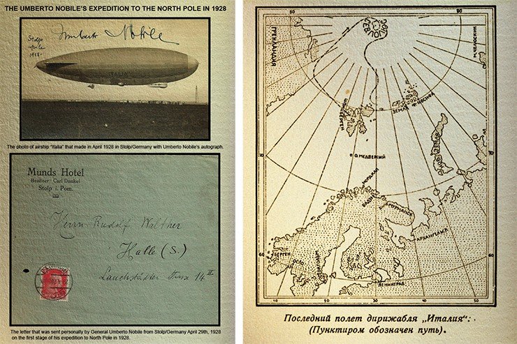 Слева: письмо, отправленное У. Нобиле 29 апреля 1929 г. из Штольпа (тогда Германия) во время промежуточной посадки «Италии» для ремонта. Фото из архива Д. Панкратова (Москва). Справа: карта последнего полета дирижабля «Италия» из книги Ю. Геко «50 дней: гибель дирижабля “Италия”» (Л.: Прибой, 1928)