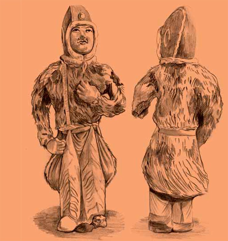 When excavating a burial complex of the Tang period (mid-7th century AD) in the Syanyuan district of the Shanxi Province, archaeologists found a clay figurine of an equestrian with a height of 26 cm. It is clear that the horseman is wearing leggings attached to a belt and colored with a tiger-skin pattern. The flaps of the fur coat are also tucked under the belt. This sculptural image conveys the image of a stranger dressed in a costume that was unusual for China. Drawing by E. Shumakova When excavating a burial complex of the Tang period (mid-7th century AD) in the Syanyuan district of the Shanxi Province, archaeologists found a clay figurine of an equestrian with a height of 26 cm. It is clear that the horseman is wearing leggings attached to a belt and colored with a tiger-skin pattern. The flaps of the fur coat are also tucked under the belt. This sculptural image conveys the image of a stranger dressed in a costume that was unusual for China. Drawing by E. Shumakova