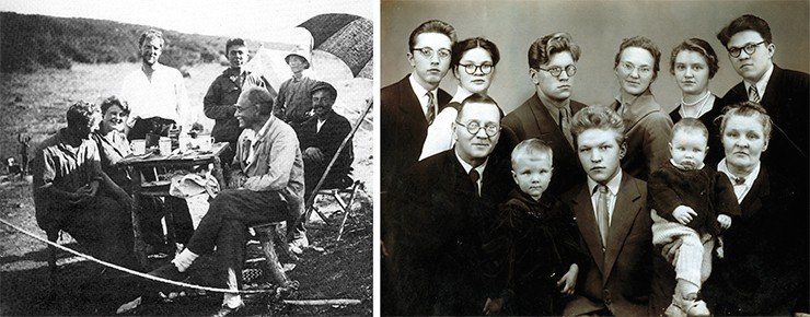 Мама Николая Леонтьевича Юлия Николаевна Келль с А. Н. Заварицким, Б. И. Пийпом, будущим членом-корреспондентом РАН и первым директором Института вулканологии на Камчатке в полевом лагере у подножия Авачи в 1931 г. (слева). Семейство Добрецовых в 1958 г. В нижнем ряду – родители Николая Леонтьевича – Леонтий Николаевич и Юлия Николаевна с внуками Юлей и Максимом и младшим сыном Сергеем. В верхнем ряду – брат Егор с женой Таней, сестра Оля с мужем Юрой и Николай Леонтьевич с женой Инной