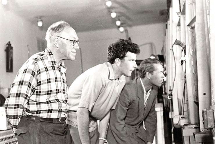 M. A. Lavrentiev, A. A. Deribas and L. V. Ovsiannikov during an experiment conducted at the Institute of Hydrodynamics, SB USSR AS (Novosibirsk)