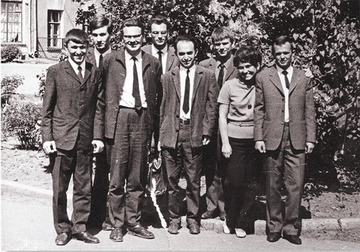 Diploma students and workers of the Institute of Chemical Physics, USSR AS: Candidate of Physics and Mathematics K. I. Zamaraev (third on the left); head of the radio spectroscopy laboratory, Doctor of Physics and Mathematics L. S. Lebedev (fifth on the left); and a fifth-year student of the Moscow Institute of Physics and Technology, V. Parmon (third on the right). Moscow, 1971 Diploma students and workers of the Institute of Chemical Physics, USSR AS: Candidate of Physics and Mathematics K. I. Zamaraev (third on the left); head of the radio spectroscopy laboratory, Doctor of Physics and Mathematics L. S. Lebedev (fifth on the left); and a fifth-year student of the Moscow Institute of Physics and Technology, V. Parmon (third on the right). Moscow, 1971