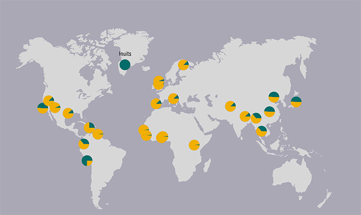 The gene variant TBX15/WARS2, which is presumably in charge of fat distribution in the human body and adaptation to cold, has been recognized as Denisovan legacy. This ancient gene variant is present in the modern Inuits of Greenland belonging to the Eskimos group of the Northern indigenous peoples as well as in some other peoples of America and Eurasia; in Africa, there is no Denisovan variant. The blue shows the frequency of the archaic allele in modern human populations. From: (Racimo et al., 2016) The gene variant TBX15/WARS2, which is presumably in charge of fat distribution in the human body and adaptation to cold, has been recognized as Denisovan legacy. This ancient gene variant is present in the modern Inuits of Greenland belonging to the Eskimos group of the Northern indigenous peoples as well as in some other peoples of America and Eurasia; in Africa, there is no Denisovan variant. The blue shows the frequency of the archaic allele in modern human populations. From: (Racimo et al., 2016)