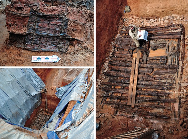 View of the side of the chariot’s basket. A light basket black inside was covered in red lacquer outside. Lacquered sides were supplemented by wooden “flying lacing” over which Tuscan red silk was strewn. All stages of excavations at Noin-Ula mound 22 were carefully documented. On the right: V. Kovtorov works on the covering of wooden vault
