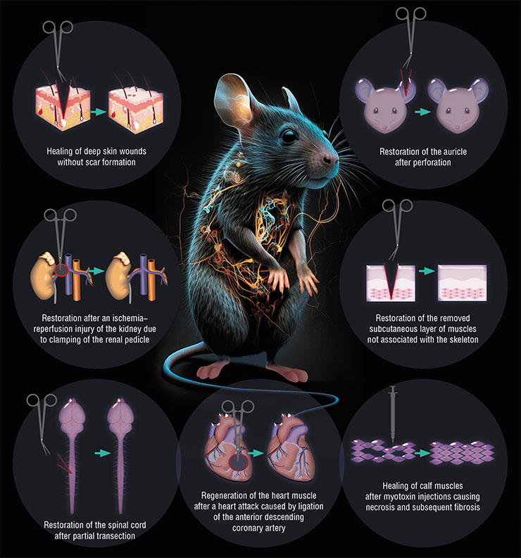 Unique-for-mammals regenerative abilities of various organs and tissues were discovered in spiny mice in the course of laboratory studies on experimental modeling of pathologies. Scientists continue to study the regenerative abilities in this group of rodents. Adapted from: (Sandoval and Maden, 2020)