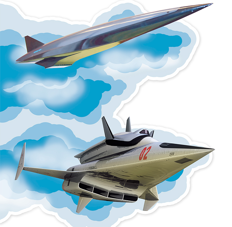 Воздушно-космический самолет Ту-2000 (вверху) должен совершать взлет и посадку с обычных аэродромов и выполнять автономный орбитальный полет на высоте 200 км продолжительностью до суток. Стартовый вес – около 260 т, вес полезной нагрузки – 8–10 т. Воздушно-космическая система Спираль (внизу) состоит из гиперзвукового самолета-разгонщика, оснащенного турбореактивным двигателем, и орбитального самолета с ракетным ускорителем. Отделение орбитальной ступени происходит на высоте 24–30 км при М=6. После схода с околоземной орбиты и планирующего спуска в атмосфере орбитальный аппарат совершает посадку на обычный аэродром с помощью турбореактивного двигателя. Взлетный вес всей системы – 115 т, вес одноместного орбитального самолета – 10 т Воздушно-космический самолет Ту-2000 (вверху) должен совершать взлет и посадку с обычных аэродромов и выполнять автономный орбитальный полет на высоте 200 км продолжительностью до суток. Стартовый вес – около 260 т, вес полезной нагрузки – 8–10 т. Воздушно-космическая система Спираль (внизу) состоит из гиперзвукового самолета-разгонщика, оснащенного турбореактивным двигателем, и орбитального самолета с ракетным ускорителем. Отделение орбитальной ступени происходит на высоте 24–30 км при М=6. После схода с околоземной орбиты и планирующего спуска в атмосфере орбитальный аппарат совершает посадку на обычный аэродром с помощью турбореактивного двигателя. Взлетный вес всей системы – 115 т, вес одноместного орбитального самолета – 10 т
