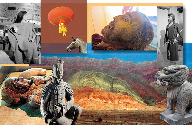 When the wind dies down, dust settles, and the sun casts its light over the dead desert space; the dull grays of its sandy ridges burst into a gamut of bright colors, softening the harsh landscape. The appearance of mummies preserved in the area due to its arid climate and salty soils, demonstrates the Caucasian features of its ancient population, confirmed with paleogenetic analysis. This is true for the thick-haired Kroraine princess, whose life-sized reconstruction mannequin is displayed in the Museum of the Xinjiang Uygur Autonomous Region next to an anonymous female mummy covered with mesh-like fabric, and a male mummy with a crooked nose and a yellow spiral painted on his face; his life-sized reconstruction, holding a whip, stands nearby When the wind dies down, dust settles, and the sun casts its light over the dead desert space; the dull grays of its sandy ridges burst into a gamut of bright colors, softening the harsh landscape. The appearance of mummies preserved in the area due to its arid climate and salty soils, demonstrates the Caucasian features of its ancient population, confirmed with paleogenetic analysis. This is true for the thick-haired Kroraine princess, whose life-sized reconstruction mannequin is displayed in the Museum of the Xinjiang Uygur Autonomous Region next to an anonymous female mummy covered with mesh-like fabric, and a male mummy with a crooked nose and a yellow spiral painted on his face; his life-sized reconstruction, holding a whip, stands nearby