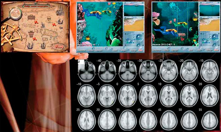 The one who is able to stay calm even during risky competitions wins the game Vira!. Pressing one of the marks on an old pirate’s map, the player chooses a site for diving. The treasure hunters start towards the bottom. The one who reaches the bottom first is the winner. The slower the heart rate of the player, the higher is his/her speed. While the 16 players were playing Vira!, fMRI was used to study the emergence and development of their brain activity zones in. (a) The initial state turned out to be characterized by the pre-existence of activity zones in Brodmann area 37 and in the middle temporal gyrus The one who is able to stay calm even during risky competitions wins the game Vira!. Pressing one of the marks on an old pirate’s map, the player chooses a site for diving. The treasure hunters start towards the bottom. The one who reaches the bottom first is the winner. The slower the heart rate of the player, the higher is his/her speed. While the 16 players were playing Vira!, fMRI was used to study the emergence and development of their brain activity zones in. (a) The initial state turned out to be characterized by the pre-existence of activity zones in Brodmann area 37 and in the middle temporal gyrus