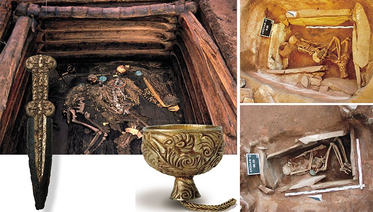 Male dagger from the Great Tomb, inlaid with images of tigers, goats and stylized heads of birds of prey. Golden pendant in the form of a boiler from the Great Tomb. Its entire surface is covered with relief ornaments with images of animals. Arzhan 2 Tumulus (Tuva). The main tomb of Arzhan 2 Tumulus: Accompanying male (top) and female (bottom) tombs