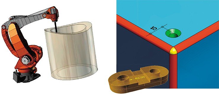 Использование геометрического решателя LGS 3D для задачи обратной кинематики. Чтобы определить, каким должно быть движение всех сочленений промышленного робота для обеспечения нужной траектории движения инструмента, необходимо решить недоопределенную систему ограничений (слева). Прямое моделирование с ограничениями на основе LGS 3D. Создание форм деталей с помощью ограничений является значительно более сложной задачей, чем сборка деталей механизмов (справа)