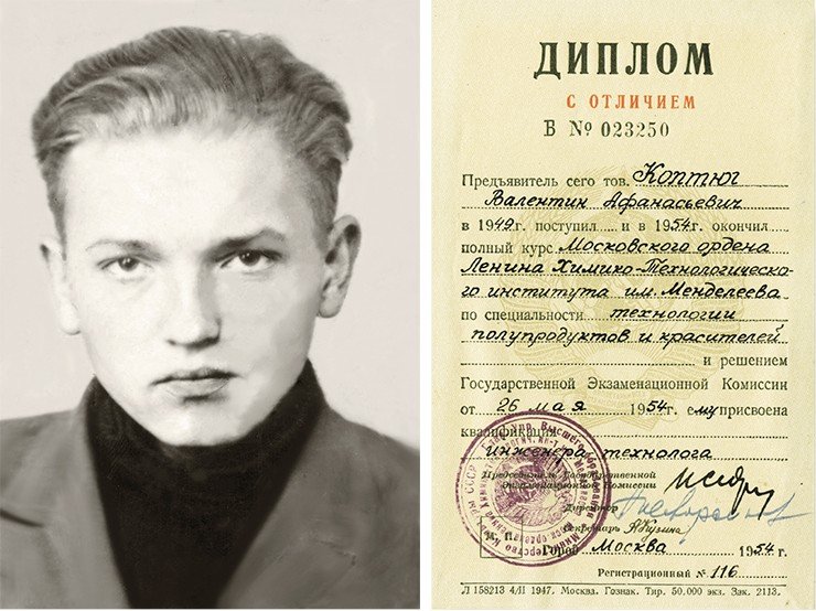 Валентин Коптюг. Фотография из комсомольского билета. Справа: диплом об окончании института с отличием (1954 г.)