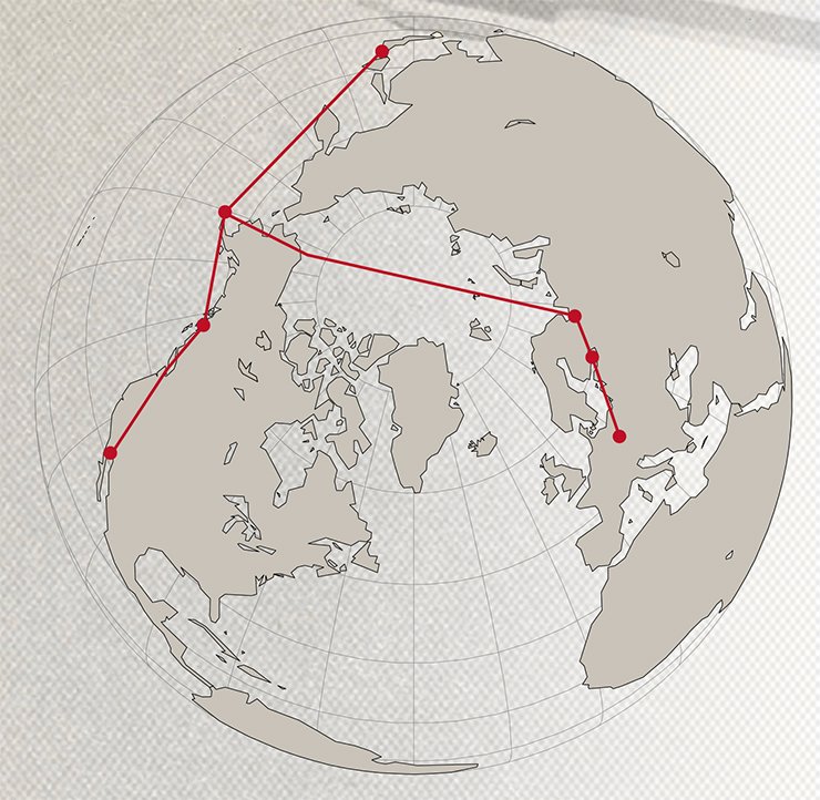 The first route proposed by Bruns went from London through the Russian cities Petrograd and Arkhangelsk–the polar region–the town of Nome, Alaska–the Unimak Island (Aleutian Islands); then the route split into two lines: to Yokohama or to San Francisco. Preliminary calculations showed that the route could be covered in seven days The first route proposed by Bruns went from London through the Russian cities Petrograd and Arkhangelsk–the polar region–the town of Nome, Alaska–the Unimak Island (Aleutian Islands); then the route split into two lines: to Yokohama or to San Francisco. Preliminary calculations showed that the route could be covered in seven days