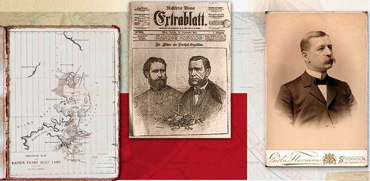 Карта Архипелага Земля Франца Иосифа, нарисованная его первооткрывателем Юлиусом Пайером. Nansen, Fridtjof: Farthest North, Vol. II, Constable & Co, London, 1897. Обложка иллюстрированого журнала Illustrirtes Wiener Extrablatt (25 сентября 1874 г.) с портретами Юлиуса фон Пайера (слева) и Карла Вейпрахта (справа). Источник: Stadtchronik Wien, Verlag Christian Brandstätter, S. 320. Public domain. Шведский исследователь Соломон Август Андрэ (1854—1897). Фото Gösta Florman. © Музей северных стран (Nordiska museet), Стокгольм. Фотография представлена Wikimedia Commons Музеем северных стран Nordiska museet в рамках совместного проекта Wikimedia Sverige