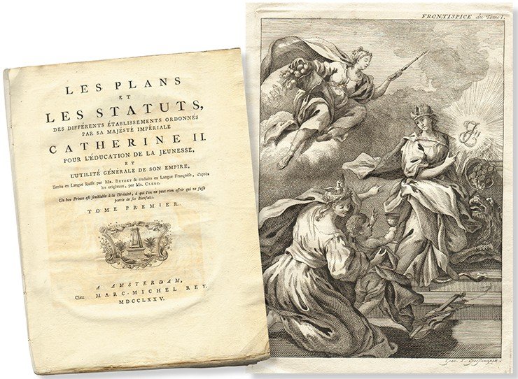 Титульный лист и фронтиспис к изданию французского перевода книги И. И. Бецкого «Учреждения и Уставы, касающиеся до воспитания в России обоего пола юношества». Амстердам, 1775 г. Гравер Григорий Федорович Сребрницкий (1741—1779), воспитанник Императорской Академии художеств. Аллегорическое изображение Екатерины II