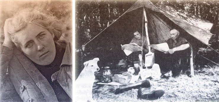 Лариса Анатольевна Попугаева (Гринцевич) – геолог, нашедшая первую в России алмазоносную кимберлитовую трубку Зарница. Фото из Минералогического музея кафедры минералогии Санкт-Петербургского государственного университета. Л.А. Попугаева с лаборантом Ф. А. Беликовым. Полевой сезон 1954 г. По: (Эрлих, 2006)
