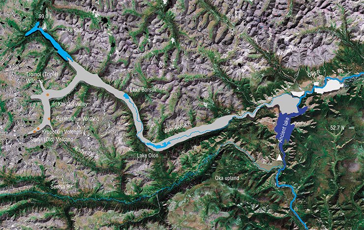 View of lava flows (shown in gray) in the Khi-Gol valley and the valleys of the Jom-Bolok and Oka Rivers. Landsat imagery courtesy of NASA Goddard Space Flight Center and U.S. Geological Survey, or USGS/NASA Landsat View of lava flows (shown in gray) in the Khi-Gol valley and the valleys of the Jom-Bolok and Oka Rivers. Landsat imagery courtesy of NASA Goddard Space Flight Center and U.S. Geological Survey, or USGS/NASA Landsat