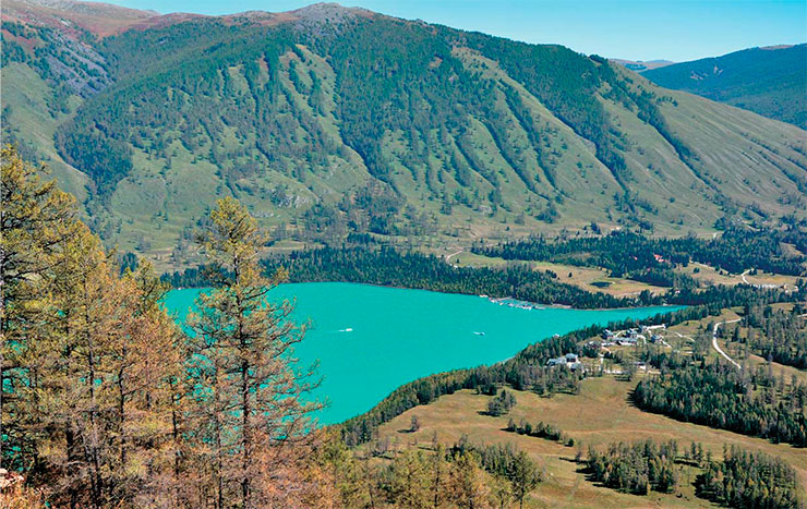 Lake Kanas is located at an altitude of 1340 m above sea level and has a length of 24 km from north to south, an average width of 1.9 km, a maximum depth of 188.5 m, and an area of 45.7 km2. To see the lake in all its splendor, you need to climb to the Fish Observation Platform. Here, almost from a bird’s eye view, you will see a beautiful panorama of both the lake itself, which supplies its water of a unique azure color to the river from which the hiking route begins, and the contiguous river valley Lake Kanas is located at an altitude of 1340 m above sea level and has a length of 24 km from north to south, an average width of 1.9 km, a maximum depth of 188.5 m, and an area of 45.7 km2. To see the lake in all its splendor, you need to climb to the Fish Observation Platform. Here, almost from a bird’s eye view, you will see a beautiful panorama of both the lake itself, which supplies its water of a unique azure color to the river from which the hiking route begins, and the contiguous river valley