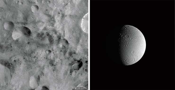 Detailed images of asteroid 4 Vesta (its diameter being approximately 530 km), made in 2011, show that it is also pockmarked with craters and small sites with dark spots that match carbonaceous chondrites in their composition. Image from Dawn spacecraft. Credit: NASA/JPL-Caltech Detailed images of asteroid 4 Vesta (its diameter being approximately 530 km), made in 2011, show that it is also pockmarked with craters and small sites with dark spots that match carbonaceous chondrites in their composition. Image from Dawn spacecraft. Credit: NASA/JPL-Caltech