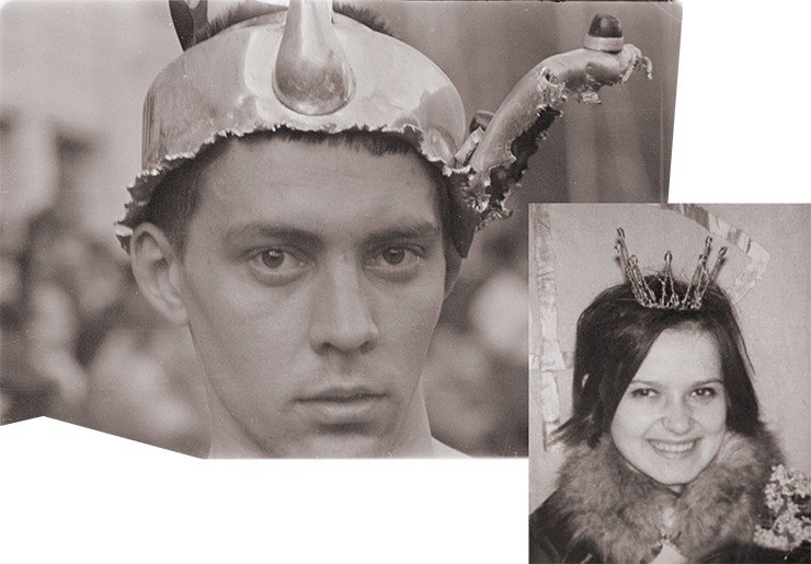 В 1960—1970-х гг. нормой жизни было реальное физическое действие. Этот оригинальный головной убор для студенческого карнавала сделан из старого чайника с помощью топора (слева). Ирина Земцова – королева физфака 1972 г., будущая жена Е. И. Пальчикова (справа)