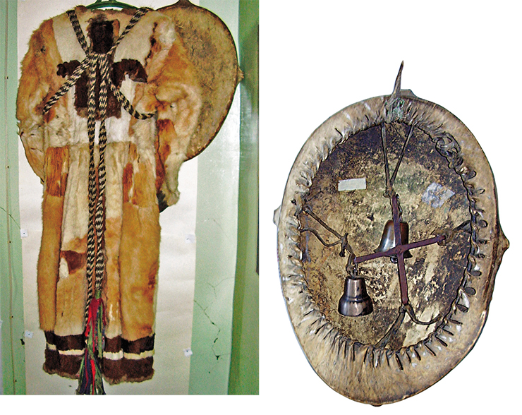 The Local Lore Museum situated in the village of Aleko-Kuel, Middle Kolyma ulus, Yahutia, houses a rare exhibit: the sagynniakh fur coat of the last shaman of the First Kangalas nasleg (settlement) of Yakutia, Dmitry Batiushkin – Suor oiuuma (1887–1968). Sewn on the back of the coat is a depiction of an eagle – the sacred tribal totem, and drawn through the armpits is a long hair rope – the rein helping a “white” shaman to attract the grace of light gods. Next to the coat is the shaman’s tambourine with two bells and resonators made of four horns. The exhibits have no inventory numbers and are kept in a side chamber since it is forbidden to move shaman’s belongings, and those breaking this taboo can be severely punished