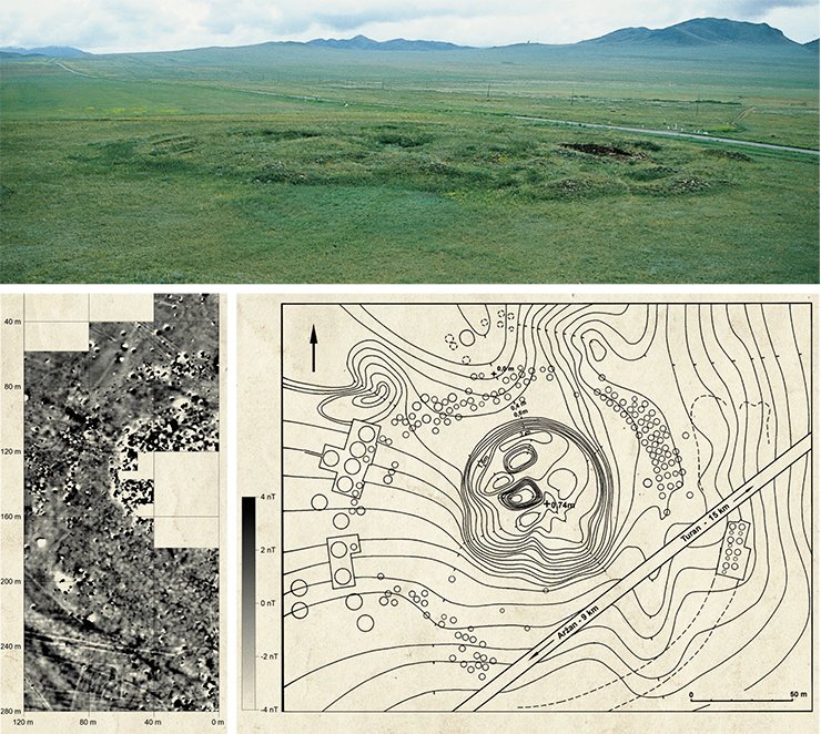 Plan of the mound and the magnetogram made in 1998. The size of the square is 40×40 m. The North is on the right. The magnetic dynamics is ±3.0 Nanotesla from black to white. Adapted from: (Čugunov et al., 2010, Abb. 17, 23) Plan of the mound and the magnetogram made in 1998. The size of the square is 40×40 m. The North is on the right. The magnetic dynamics is ±3.0 Nanotesla from black to white. Adapted from: (Čugunov et al., 2010, Abb. 17, 23)
