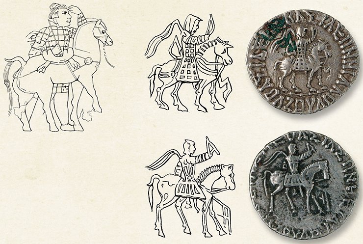 A dismounted rider wearing an armor-clad jacket raised his left hand to the forehead in the traditional Zoroastrian gesture – the sing of worshipping a deity (left). Drawing of the carpet by Ye. Shumakova. The depictions of embroidered riders on the carpet and rulers on the heads of Indo-Scythian coins have a great deal in common. On the right are the coins of Azes II, on the left is their drawing. From: (Musee National des Arts Asiatiques-Guimet – l’Asie des steppes d’Alexandre le Grand à Gengis Khan, 2000) A dismounted rider wearing an armor-clad jacket raised his left hand to the forehead in the traditional Zoroastrian gesture – the sing of worshipping a deity (left). Drawing of the carpet by Ye. Shumakova. The depictions of embroidered riders on the carpet and rulers on the heads of Indo-Scythian coins have a great deal in common. On the right are the coins of Azes II, on the left is their drawing. From: (Musee National des Arts Asiatiques-Guimet – l’Asie des steppes d’Alexandre le Grand à Gengis Khan, 2000)