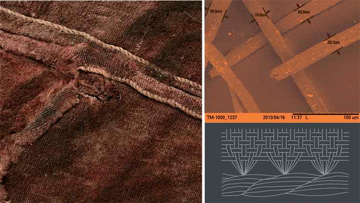 Woolen textiles from Palmyra typically end with a tension cord formed by folding up, left to right, the remaining warp threads at the end of a textile cloth in the form of a ribbed rope (see the design above). Each turn of the rope is formed by several warp threads, with new threads being added at each turn. Since the cloth has a higher density in the weft, one cannot distinguished the yarns of warp in the texture; however, the latter form a rope of a lighter color at the end of the cloth. This creates the false impression that the rope is separate from the cloth. The textile rope was made after removing the cloth from the machine, when the remaining parts of the warp threads had already been released and accurately cut. The rope itself is perfectly accurate although it may consist of a different number of threads at different parts of the cloth. This result can be achieved by using fairly short threads (according to a study by T. N. Glushkova, Doctor of History and an expert in ancient and medieval textile technologies). A fragment of the leggings was investigated by scanning electron microscopy to analyze the fibers used to weave the fabric. The analysis showed that it was fine unadulterated wool with a fiber thickness of about 21 microns. Photo by E. Karpova (SB RAS Institute of Organic Chemistry, Novosibirsk) Woolen textiles from Palmyra typically end with a tension cord formed by folding up, left to right, the remaining warp threads at the end of a textile cloth in the form of a ribbed rope (see the design above). Each turn of the rope is formed by several warp threads, with new threads being added at each turn. Since the cloth has a higher density in the weft, one cannot distinguished the yarns of warp in the texture; however, the latter form a rope of a lighter color at the end of the cloth. This creates the false impression that the rope is separate from the cloth. The textile rope was made after removing the cloth from the machine, when the remaining parts of the warp threads had already been released and accurately cut. The rope itself is perfectly accurate although it may consist of a different number of threads at different parts of the cloth. This result can be achieved by using fairly short threads (according to a study by T. N. Glushkova, Doctor of History and an expert in ancient and medieval textile technologies). A fragment of the leggings was investigated by scanning electron microscopy to analyze the fibers used to weave the fabric. The analysis showed that it was fine unadulterated wool with a fiber thickness of about 21 microns. Photo by E. Karpova (SB RAS Institute of Organic Chemistry, Novosibirsk)