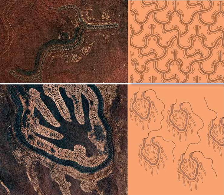 Decorative pattern likely showing a stylized mountain landscape. Embroidered fragment of the woolen cloth covering the felt boot. Drawing by E. Shumakova Decorative pattern likely showing a stylized mountain landscape. Embroidered fragment of the woolen cloth covering the felt boot. Drawing by E. Shumakova