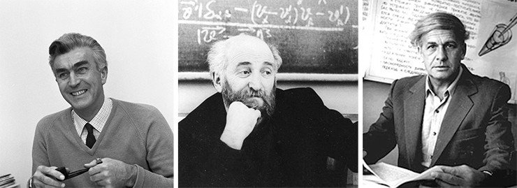 Слева: Джон Адамс, британский физик-ускорительщик, генеральный директор Церна (1960—1061 г.); В центре: Герш Ицкович (Андрей Михайлович) Будкер, советский физик, основатель и первый директор ИЯФ СО РАН; Справа: Генрих Саулович Альтшуллер, автор теории решения изобретательских задач (ТРИЗ) 