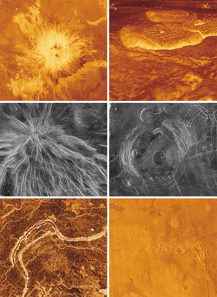Various magmatic structures on the surface of Venus: (a) the unusual volcano Sapas Mons with a double summit; (b) a lava field in the Alpha Regio region; (c) radial dikes; (d) a corona-type volcano, i. e., a large uplift surrounded by a trough; (e) winding lava channels with a width of 1–2 km and length of tens to hundreds of kilometers; (f) shield plains with small volcanoes of a characteristic shape. Credit: NASA/JPL Various magmatic structures on the surface of Venus: (a) the unusual volcano Sapas Mons with a double summit; (b) a lava field in the Alpha Regio region; (c) radial dikes; (d) a corona-type volcano, i. e., a large uplift surrounded by a trough; (e) winding lava channels with a width of 1–2 km and length of tens to hundreds of kilometers; (f) shield plains with small volcanoes of a characteristic shape. Credit: NASA/JPL