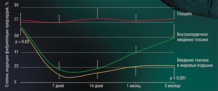 C введением ботулотоксина вероятность возникновения фибрилляции предсердий у собак в результате экспериментальной высокочастотной стимуляции сердца заметно уменьшилась по сравнению с животными, которые получали плацебо. По: (Стрельников и др., 2015) 